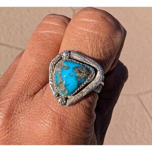Navajo Sterling Silver Turquoise Ring size 7 Signed JF Native American 7.8g